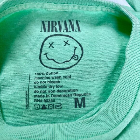 NWOT Nirvana Band Tee Green Medium 100% Cotton Licensed Merch Grunge Rock Smiley - Picture 4 of 8